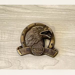 Bald Eagle USA Belt Buckle Stars and Flag Detail - Brass Tone Metal with Patina